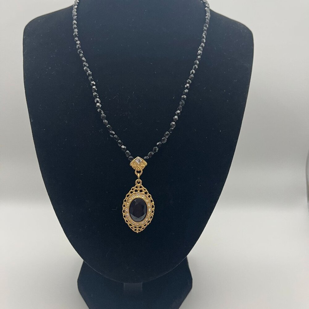1928 Necklace – Victorian Revival Style with Ornate Gold Filigree & BlacK